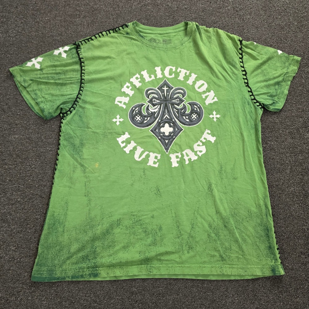 Vtg Affliction Shirt Mens Large Green MMA Thick Whipstitch Relaxed  Grunge Y2k